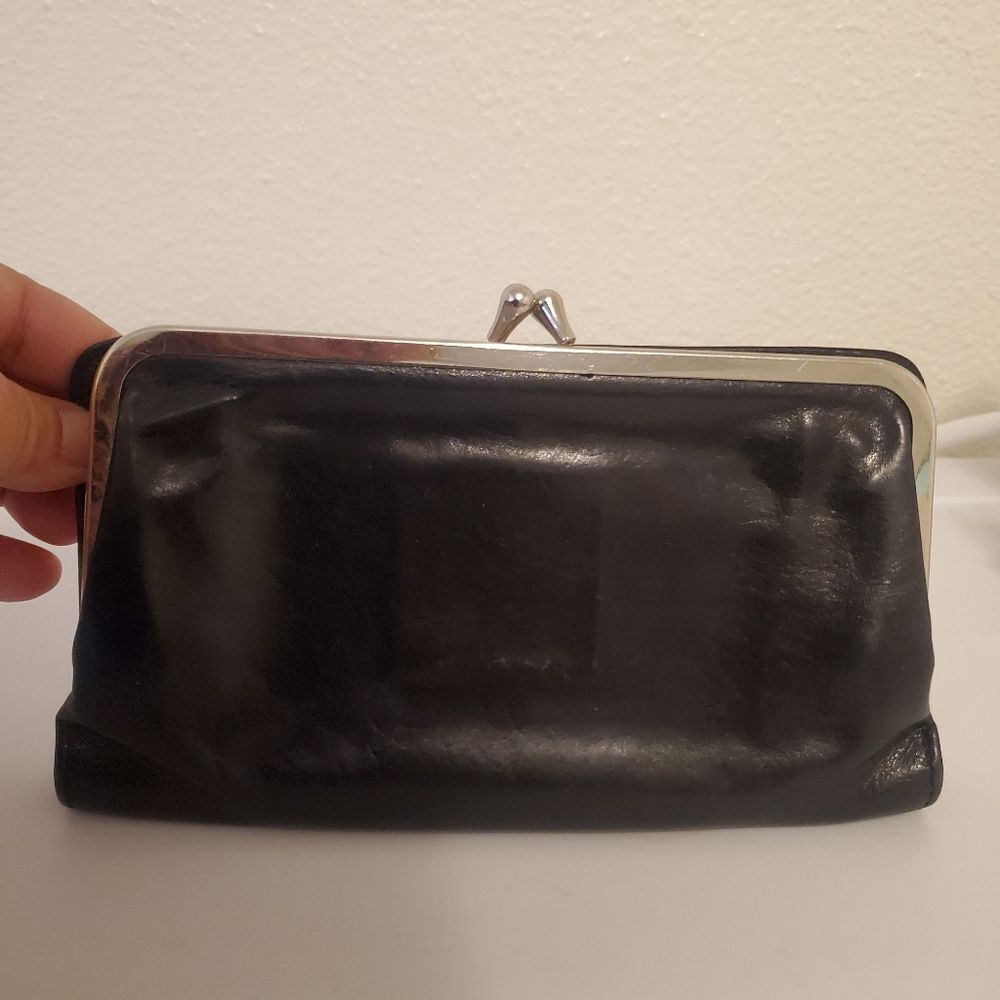 HOBO Black‎ Leather Trifold Wallet Snap Closure